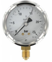 Manometer met onder aansluiting 63 mm, gevuld met glycerine, 1/4