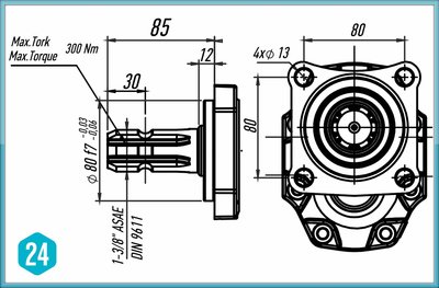 PTO Tandwielpomp links met stalen pomphuis ASAE ISO serie pomp 51cc