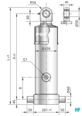 4 traps enkelwerkende telescoopcilinder, Ø95-149mm, slag 4950mm, 200 bar met gelenkoog