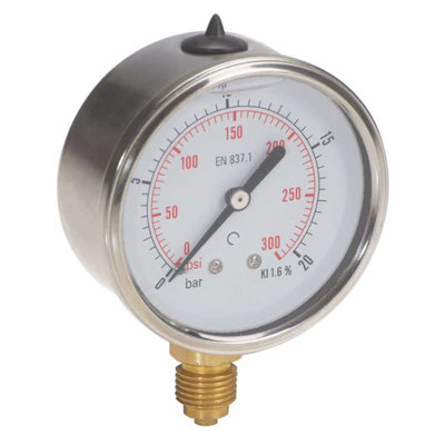 Manometer met onder aansluiting 63 mm, gevuld met glycerine, 1/4
