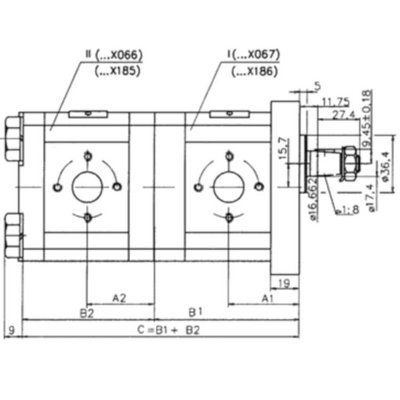 Hydrauliek tandem tandwielpomp groep 20 + 20, rechts