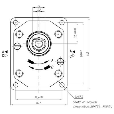 Voorpomp 22 cc tandempomp links met 1:8 conische as, pasrand 36,4 mm, groep 20+20
