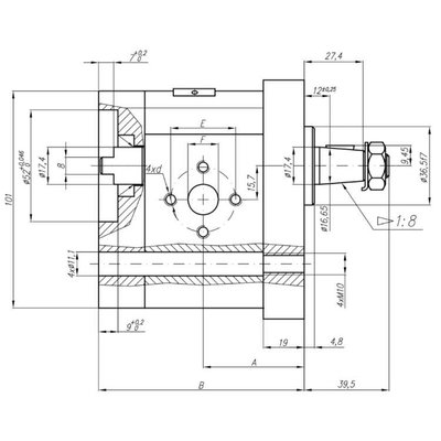 Voorpomp 25 cc tandempomp links met 1:8 conische as, pasrand 36,4 mm, groep 20+20